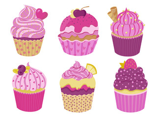 Set of cute little cupcakes with cream and berries. Delicious dessert with different decor. Pink and purple sprinkles muffins collection. Vector illustration on white background.