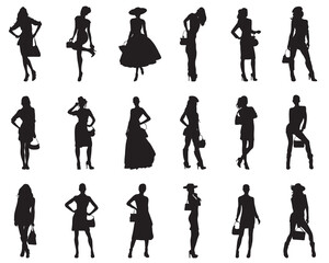 Set beautiful fashion girl silhouettes on a white background