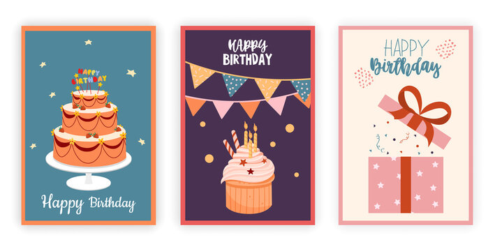 Set of birthday. Images for greeting cards. Graphic elements for posters and stickers. Collection of kids icons. Birthday cake, gift, fireworks. Cartoon vector set isolated on white background
