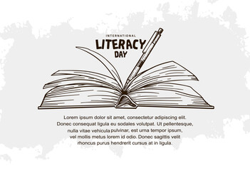 international literacy day with open book and pen isolated on white background can be use for background, poster and banner