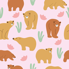 Seamless pattern with bears. Vector flat illustration with wild cute animal on a pink background.