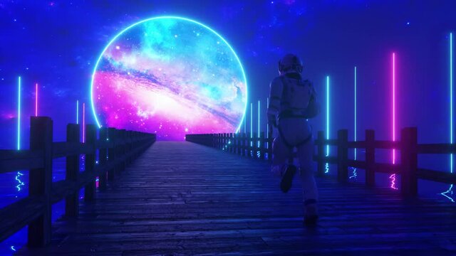 Astranaut runs along the endless wooden bridge across the ocean to his dream. Space circle with neon lighting ahead. 3D animation of seamless loop