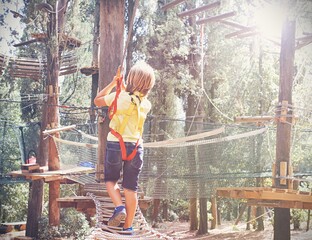 Back view of a 6 years old child while he is doing a safe activity in an adventure park in the summer . Concept of nature and healthy games for kids. 