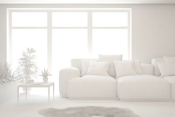 White minimalist living room with sofa. Scandinavian interior design. 3D illustration