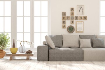 Soft color living room with sofa. Scandinavian interior design. 3D illustration