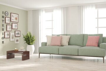 White living room with sofa. Scandinavian interior design. 3D illustration