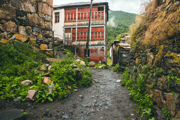 A beautiful landscape photography with old village Usghuli in Caucasus Mountains in Georgia.