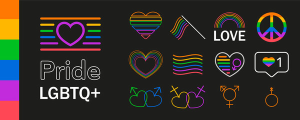 Collection of LGBTQ community, symbols isolated. Flat vector stock graphic. Concept of LGBTQ people, gays, lesbians. asexuals. Illustration with LGBTQ signs. Pride month