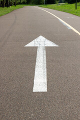 Arrow painted on the asphalt. Shows the required direction movement. White road markings on pavement.