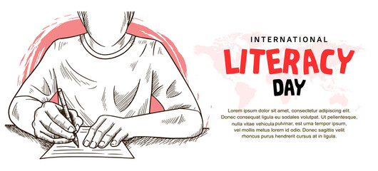 international literacy day with man writing illustration and pink brush isolated on white background