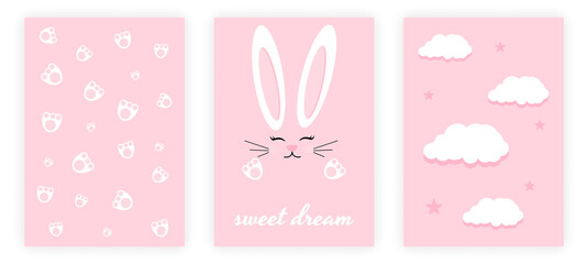 Posters with Bunny. Abstract poster with paws, hare and clouds on pink background. Design element for printing on fabric and decorating wall. Cartoon flat vector collection isolated on white backdroup
