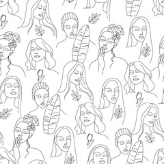 Seamless pattern with abstract various female faces and flowers. Outline of portraits on a white background. Vector illustration for textiles, design.