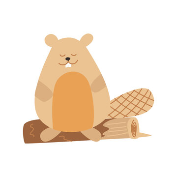 Cute beaver is sitting on a log. Beaver for children's postcard books, in the Scandinavian style