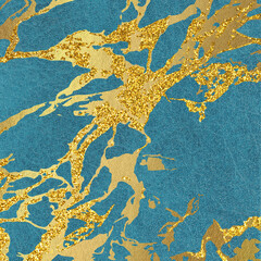 Blue abstract leather background. Scrapbook paper with metal gold veins of marble. Backdrop universal use