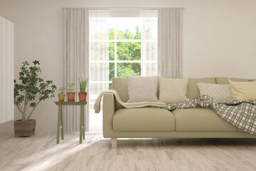 Minimalist living room in white color with sofa and summer landscape in window. Scandinavian interior design. 3D illustration