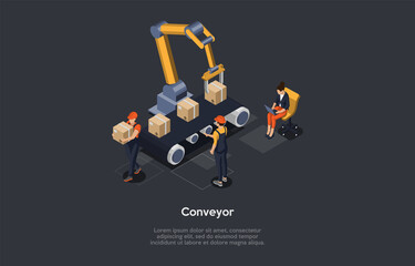 Vector Illustration In Cartoon 3D Style. Isometric Composition With Characters And Objects. Warehouse Or Factory Conveyor Concept. Store Goods Production Process. Robotic Mechanism, Cardboard Boxes.