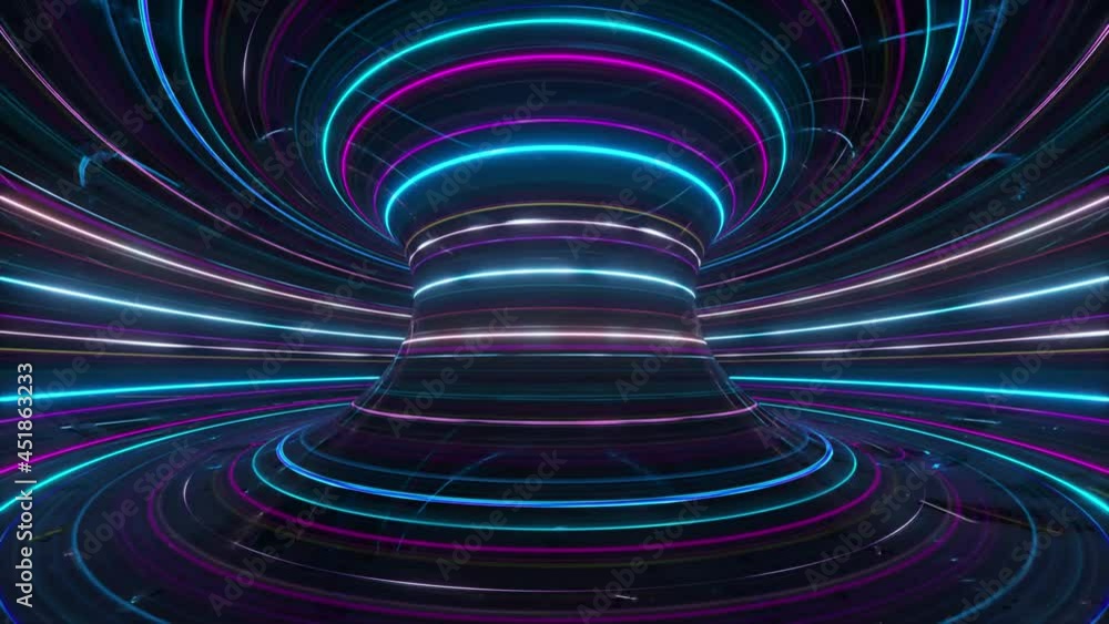 Poster abstract futuristic neon background with rotating glowing lines, speed of light, ultraviolet rays, t