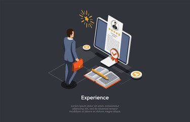 Illustration On Dark Background With Writing And Characters. 3D Cartoon Style Composition, Isometric Vector Design. Professional Experience, Work And Education Rating. Businessman Standing, Computer