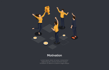 Illustration On Dark Background With Writing And Characters. 3D Cartoon Style Composition, Isometric Vector Design. Motivation Concept. Professional And Personal Growth Ideas. Group Of Happy People
