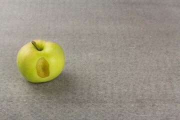 Ugly garden apple on grey background with copy space