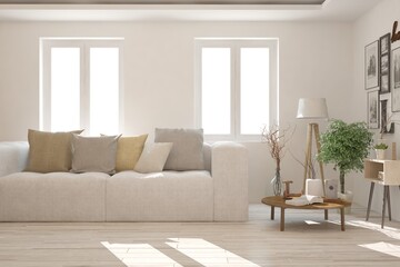 White living room with sofa. Scandinavian interior design. 3D illustration