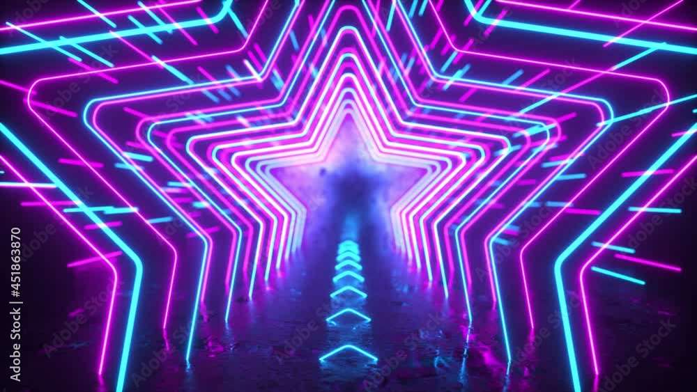 Poster abstract neon background. neon stars and lines move through space. reflection. futuristic background