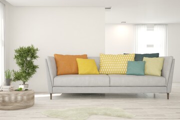White living room with sofa. Scandinavian interior design. 3D illustration