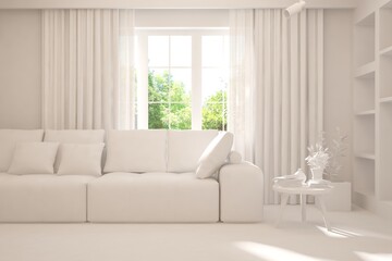 Mock up of minimalist living room in white color with sofa. Scandinavian interior design. 3D illustration
