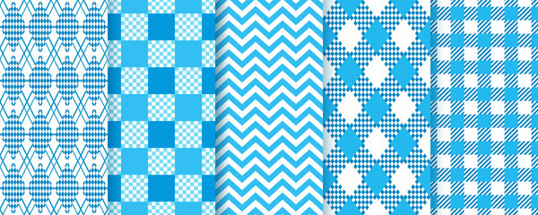 Lozenge checkered seamless pattern. Bavarian Oktoberfest textures. Argyle diamond backgrounds. Set blue prints with rhombus, zigzag, check and plaid. Vector illustration. Modern geometric backdrop. - obrazy, fototapety, plakaty