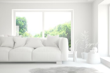 Mock up of stylish room in white color with sofa and green landscape in window. Scandinavian interior design. 3D illustration