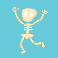 Vector illustration for Halloween with a funny jumping skeleton on a blue background. Illustration for holidays, packaging, T-shirts, posters