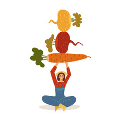 Hand drawn stylized female fermer character holds overhead and balances root vegetables - carrot, turnip, beet, radishe. Balanced diet concept. Eat local organic products. Vector illustration.