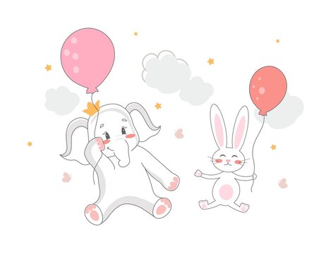 Elephant and Bunny. Animals sit nearby and hold balloons in their hands. Friends celebrate holidays. Pictures for boy and girl, posters and stickers for teens. Cartoon flat vecor illustration
