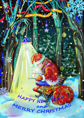 greeting card: young santa, Christmas tree and decorations