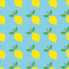 Colorful summer background with bright lemons on a blue background. Summer template. Bright print on fabric, notebooks, clothes. Seamless pattern with bright lemons.