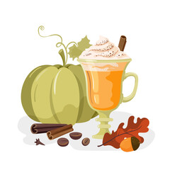 Pumpkin spice latte. A large pumpkin and a fragrant spicy drink in a mug. Delicious autumn illustration. Vector, isolated.