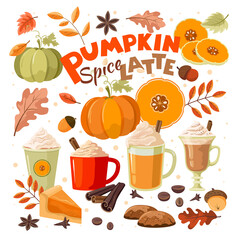 Pumpkin spice latte. Cozy, autumn set. Vector, isolated.