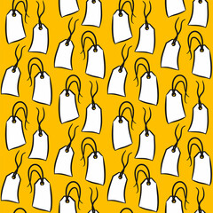 Seamless sale pattern. Hand-drawn elements for discounts. Shopping carts, percent clouds. Vector illustration in doodle style for showcase and trading floor decoration.