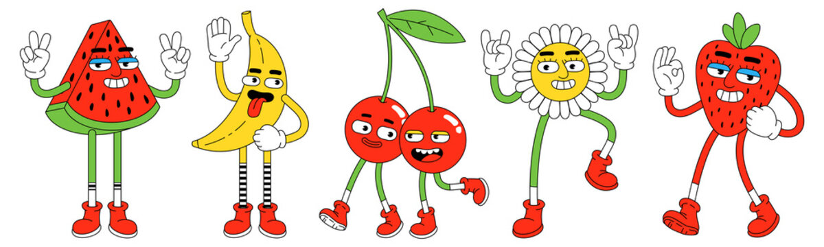 Naklejka Funny characters in trendy retro cartoon style. Vector illustration of watermelon, banana, cherry, strawberry and flower