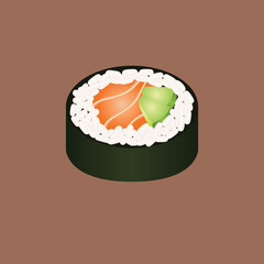 stock vector illustration of a sushi futomaki, sushi roll, kelp, salmon, avocado and rice on brown background