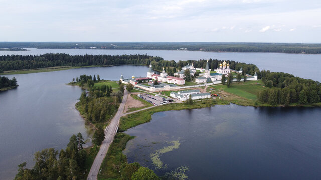 Iversky monastery aerial view landscape. Valdai. Russia