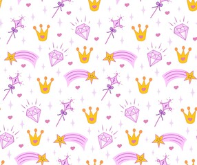 Crown. magic wand, diamond seamless vector pattern for little princess. Background for design, web site, textile, fabric, card and wrapping paper. Girl print.