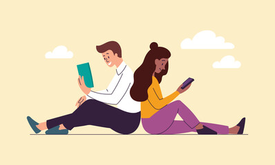 Reading books concept. Man and woman sit together and read literature online and offline. Students study material in book and on phone. Cartoon flat vector illustration isolated on beige background