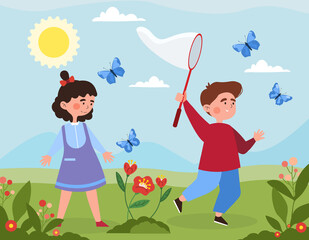 Children catch butterflies concept. Little boy and girl with net walk among flowers and run after insect. Activity in summer. Outdoor game. Cartoon flat vector illustration for book and social network