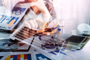 Digital marketing media in virtual screen.business working digital tablet, smartphone with keyboard and computer laptop at office in morning light