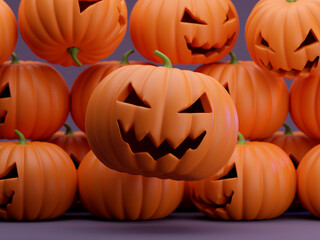 Many Halloween Pumpkins in a row isolated on background 3d rendering