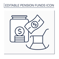 Pension saving line icon. Saving money into glass jar. Accumulation earnings.Pension fund concept. Isolated vector illustration. Editable stroke
