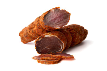 Dried meat beef jerky dry isolated on white background.