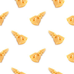 Triangles of delicious cheese on a white background, seamless pattern.