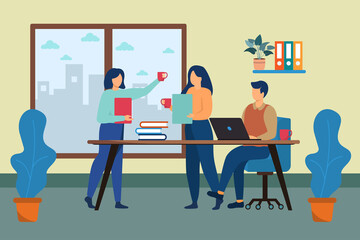 Business people dressed in casual clothes sitting table with laptops and talking colleague. Office workers discussing project. Business meeting and consideration of working moments